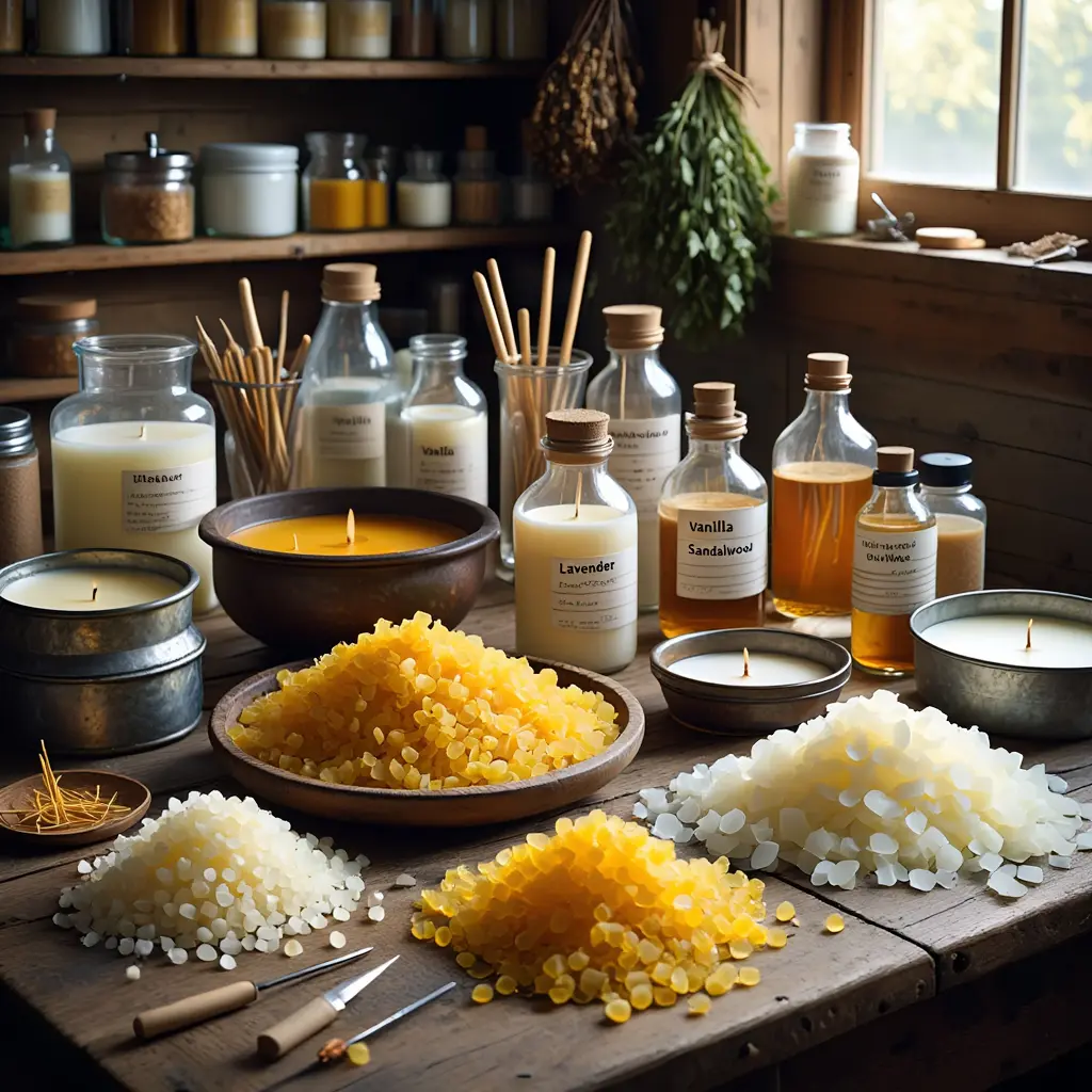 Artisan candle making workshop with various wax and fragrances